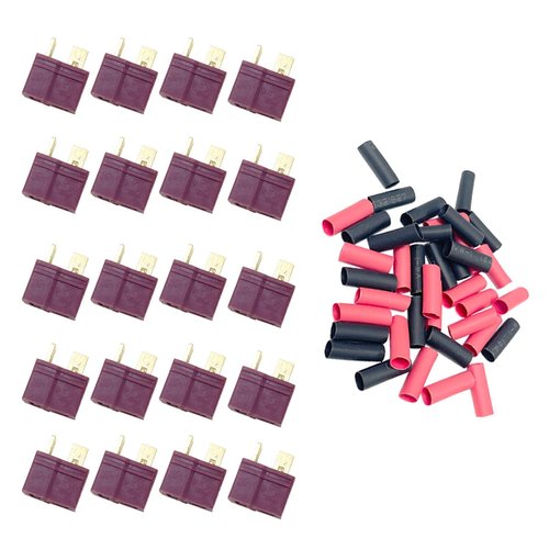 Hengfuntong-Elec 20Pcs 10 Pairs Red Color 2Grips Antis Ultra Deans T-Plug Connectors Male & Female Pins w/Shrink Tubing for RC Battery Pack Dual Charger (20Pcs 2Grips T-Plug Female Plug)