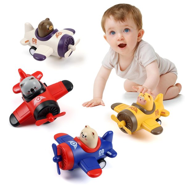 Lilycass 4 Pack Press and Go Toddler Car Toys Cute Animal Airplane Toy Cars Set First Birthday Gifts Boy Girl