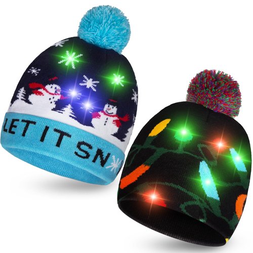 DomeStar 2PCS Christmas Beanie Hats, Christmas LED Light-up Knitted Beanie Hat Colorful Flashing ...