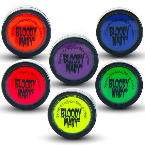 Body and Face Paint - 6 Pack UV Glow-In-The-Dark Body Paint with Red, Pink, Blue, Green, Yellow and Purple - Water Activated Alternative Makeup for Halloween, SFX and Festivals - Bloody Mary
