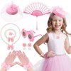 Jenaai 8 Pcs Girls Tea Party Supplies Tea Party Gloves Hats Necklace Fan for Girls Halloween Tea Party Costume(Pink,Vivid)