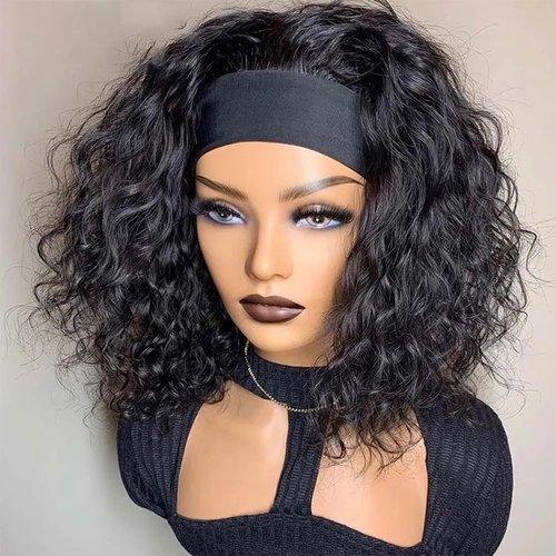 Water Wave Headband Wig Human Hair 150% Density Afro Wigs for Black Women Natural Curls 10A Glueless Human Hair Wigs (10 Inch)(10 Inch, Natural Color Water Wave Headband Wigs)