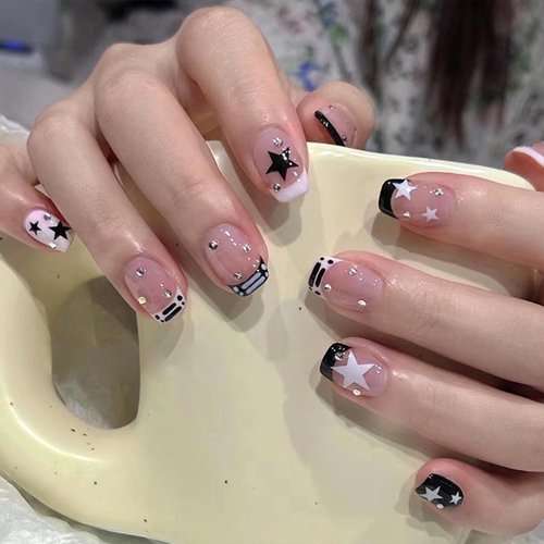 French Tip Press on Nails Short Square Fake Nails Black White Star Rhinestones False Nails Design Glossy Full Cover Artificial Nails for Women Charm Manicure Reusable Stick on Nails Glue on Nails