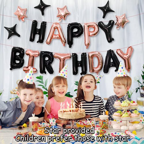 Happy Birthday Balloons Banner, 3D Mylar Foil Letter Birthday Balloons with 6pcs Star Balloons, Birthday Party Decorations for Kids Boys Men Adults Birthday Party Supplies, Black&Rose Gold