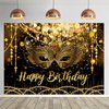 7X5FT Black and Gold Glitter Happy Birthday Backdrop Masquerade Mask Party Decorations Supplies Banner Masquerade Theme Carnival Dancing Photography Background