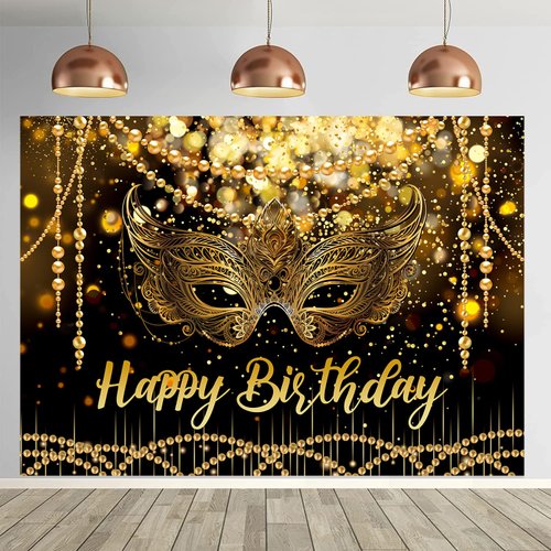 7X5FT Black and Gold Glitter Happy Birthday Backdrop Masquerade Mask Party Decorations Supplies B...