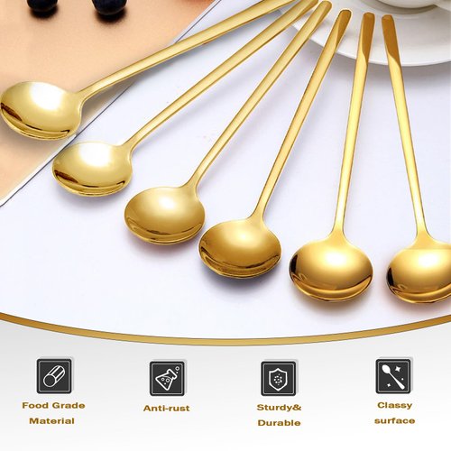 6 Pcs 6.7 Inches Coffee Spoons, Teaspoons, Long Handle Iced Tea Spoon, Espresso Spoons, Gold Spoons, Dessert Spoons, Food Grade Stainless Steel Stirring Spoons for Coffee Bar Accessories