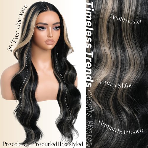 BrownBomb Highlights Synthetic Lace Front Wigs Body Wave Glueless Wigs With Bangs Black Blonde Pre Plucked Pre Cut HD Lace 13x5x1 Middle Part Wigs For Woman 26 Inch