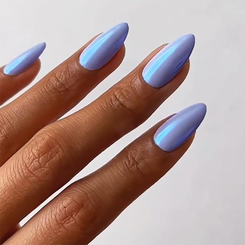Mkwntg Blue Chrome Press on Nails Medium Almond Fake Nails Glossy Glue on Nails Blue Laser Coffin False Nails Stiletto Aurora Artificial Nails Bling Pearl Flash Acrylic Nails for Women Girls 24Pcs