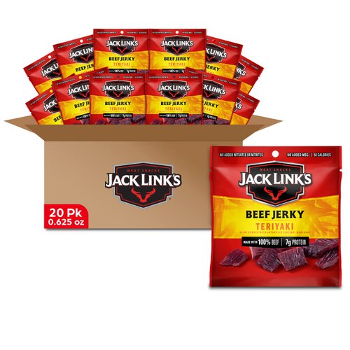 Jack Link's Beef Jerky, Teriyaki, Multipack Bags - Flavorful Meat Snack for Lunches, Ready to Eat - 7g of Protein, Made with Premium Beef, Perfect Hunting Snacks, No Added MSG - 0.625 oz (Pack of 20)