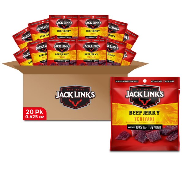 Jack Link's Beef Jerky, Teriyaki, Multipack Bags - Flavorful Meat Snack for Lunches, Ready to Eat - 7g of Protein, Made with Premium Beef, Perfect Hunting Snacks, No Added MSG - 0.625 oz (Pack of 20)