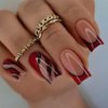 ANDGING French Tip Press on Nails Red Square Short Medium Fake Nails Glue on Nails with Black Striped Floral Design 24Pcs Acrylic False Nails for Wedding Birthday Women Stick on Nail with Glue AL887Q