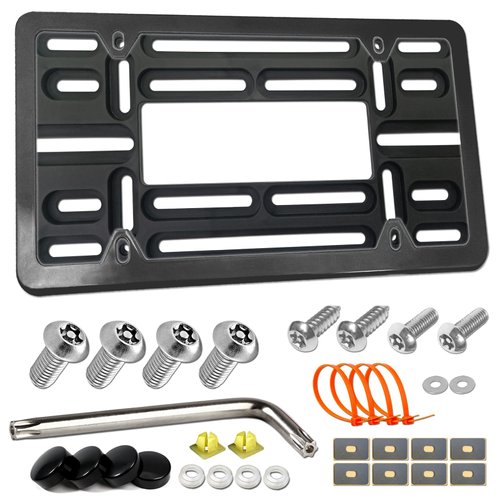 BGGTMO Front License Plate Mounting Kit- Universal License Plate Bracket & Black Aluminum Car Tag Frame for 2 Drill Hole Front Bumper, Adapter Holder with Anti-Theft Screws Bolts Caps Cover Fastener