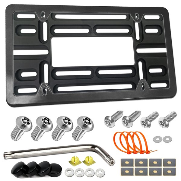 BGGTMO Front License Plate Mounting Kit- Universal License Plate Bracket & Black Aluminum Car Tag Frame for 2 Drill Hole Front Bumper, Adapter Holder with Anti-Theft Screws Bolts Caps Cover Fastener