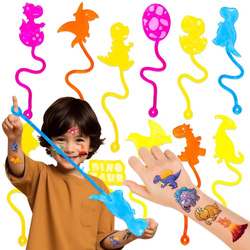 36PCS Dinosaur Party Favors - 24PCS Temporary Tattoos 12PCS Sticky Hands Perfect Birthday Supplies for Kids Stretchy Fidget Goodie Bag Stuffers Treasure Box Toys Classroom Prizes Student Gifts