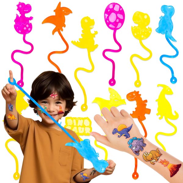 36PCS Dinosaur Party Favors - 24PCS Temporary Tattoos 12PCS Sticky Hands Perfect Birthday Supplies for Kids Stretchy Fidget Goodie Bag Stuffers Treasure Box Toys Classroom Prizes Student Gifts