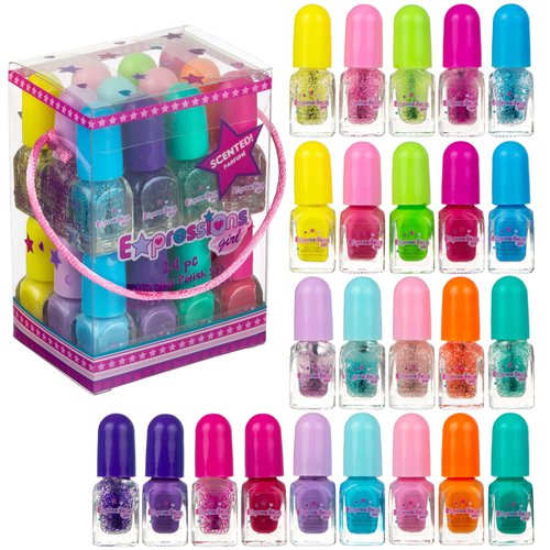 Expressions 24pc Scented Nail Polish Value Pack - Nail Kit Shiny & Glitter Nail Polish Shades in Pretty Colors, Manicure Kit & Pedicure Kit For Girls, Non-Toxic Water Based Nail Polish Gift Set