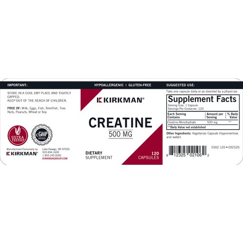Kirkman Creatine 500 mg - Hypoallergenic | 120 Vegetarian Capsules | Amino Acid