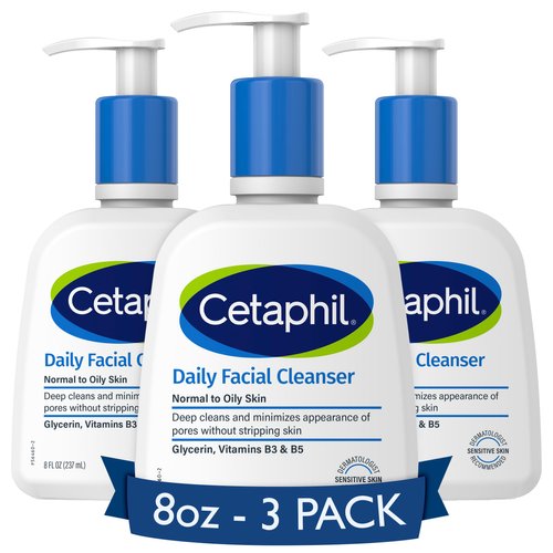 Cetaphil Face Wash, Daily Facial Cleanser for Sensitive, Combination to Oily Skin, NEW 8 oz 3 Pack, Gentle Foaming, Soap Free, Hypoallergenic