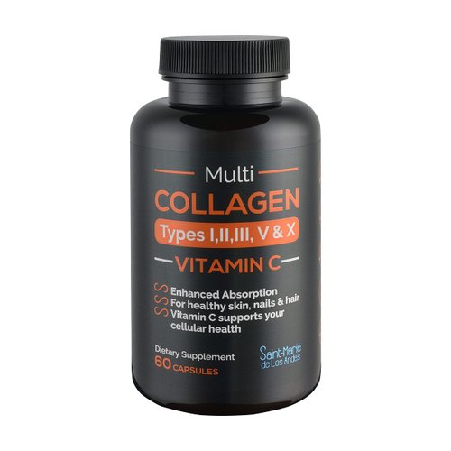 Saint-Marie de los Andes Multi Collagen Pills (Types I, II, III, V & X) + Vitamin C + Absorption Enhancer (1 Month Supply) - Collagen Supplements to Support Hair, Skin, Nails, Joints, & Gut Health