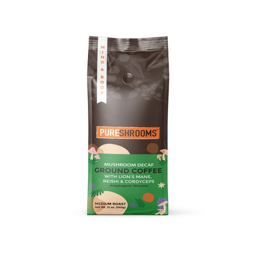 PureShrooms Decaf Mushroom Ground Coffee - Swiss Water Process - Organic Lion's Mane, Reishi, Cordyceps for Mind & Body Wellness | Caffeine-Free | Canadian-Made | Cognitive & Immune Boosting Coffee