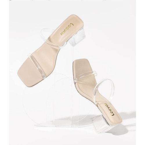Leevar Square Toe Heeled Sandals for Women - 2.25IN Low Block, Open Toe Ankle Strap Chunky Heels - Slip on Heeled Sandal Mule - for Party Wedding Dress Shoes, Nude Black, Clear, Size 8