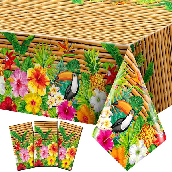 Frienda Tiki Tablecloth Tiki Decorations Luau Table Cover Hawaiian Party Plastic Table Cloth Disposable Tiki Totem Decor for Hawaii Beach Tropical Decoration Supplies Aloha (Modern Style, 3 Pieces)
