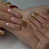 MISUD Long Square Press on Nails Squoval Fake Nails Glossy Glue on Nails Bling Gold Glitter Acrylic Nails French Tip Artificial Nails Wave Line Stick on False Nails with Swirl Design 24 pcs