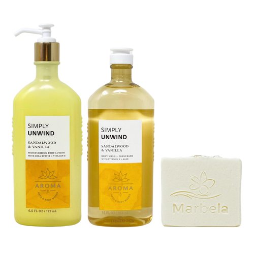Bath & Body Works Aroma Simply Unwind Sandalwood & Vanilla Body Lotion and Body Wash + Foam Bath Set with a Natural Oats Bar Soap - Full Size