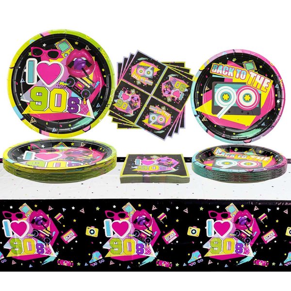 90s Party Supplies - 122 Pcs 90s Plates Napkins Tablecloth Set, for Back to the 90s Party Decorations, 90s Theme Birthday Party Supplies - Serves 40