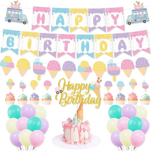 Ice Cream Birthday Party Decoration, Ice Cream Happy Birthday Banner Cake Cupcake Toppers Macaron Balloon for Girl Summer Ice Cream Theme Birthday Party Kid Sweet One Bday Baby Shower Party Supplies