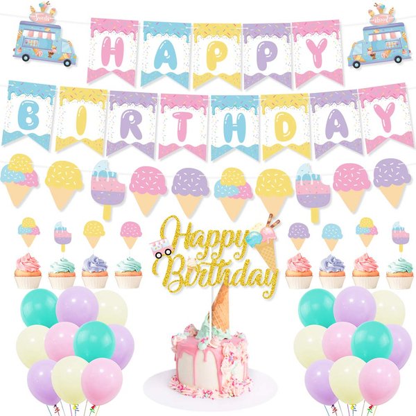 Ice Cream Birthday Party Decoration, Ice Cream Happy Birthday Banner Cake Cupcake Toppers Macaron Balloon for Girl Summer Ice Cream Theme Birthday Party Kid Sweet One Bday Baby Shower Party Supplies