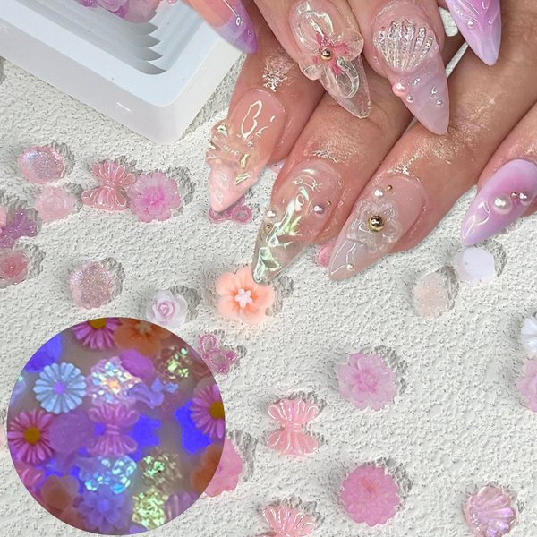 Flowers Nail Charms Glow in The Dark Design 3D Flowers Butterfly Bows Cat Nail Jewelry Supply Flowers Butterfly Bows Nail Art Charms for Women DIY Manicure Luminous Nail Art Decorations