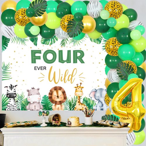 Jungle Theme 4th Birthday Decorations, Four Ever Wild Birthday Decorations Boy, Sage Green Jungle Balloon Arch Kit, Four Ever Wild Backdrop, Number 4 Foil Balloons Artificial Palm Leaves