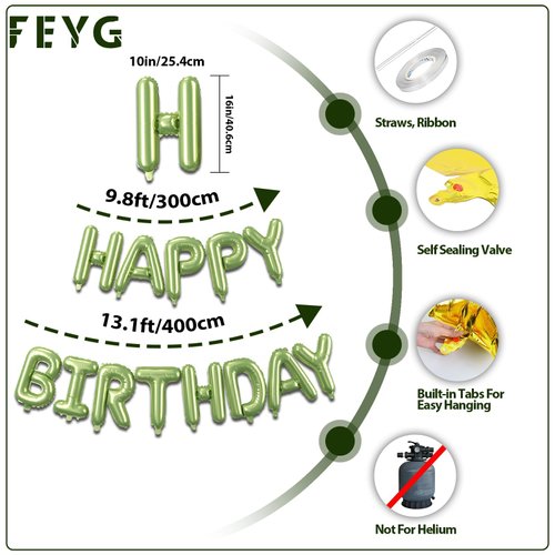 Macaron Green Happy Birthday Balloons Banner,16 Inch Mylar Foil Letters Set,Inflatable Reusable Party Decor,for Women,Men,Kids Boys & Girls Birthday Decorations Party Supplies