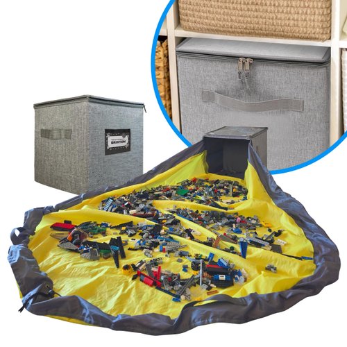 BrickCaddy Toy Storage Organizer - Compatible with LEGO & Fits Cube Organizers - Includes Play Mat, Bonus Baseplate & Shoulder Strap - Portable Brick Storage Solution for Playtime | Grey