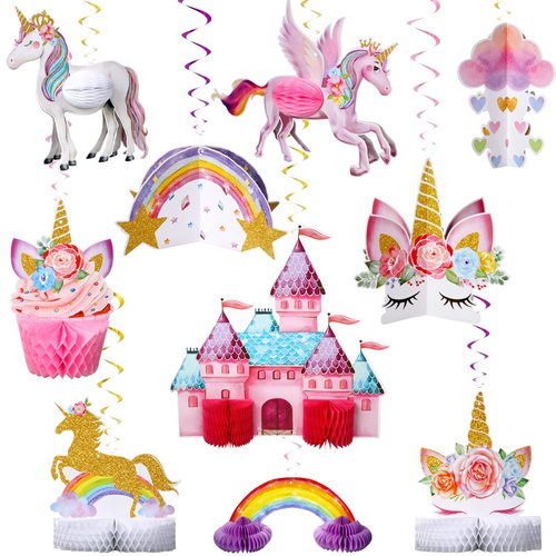 10 Pieces Unicorn Birthday Party Decorations for Girls 3D Unicorn Rainbow Honeycomb Centerpiece Shiny Hanging Swirl Unicorn Centerpiece Topper for Unicorn Honeycomb Birthday Party Supplies