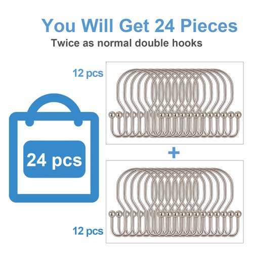 24 Pack Double Shower Curtain Hooks Rings, TENOVEL Double Sided Shower Curtain Hooks Rust Proof for Shower Curtain, Stainless Steel Bathroom Shower Hangers Rings for Shower Rods, Brushed Nickel