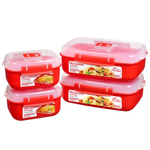 Sistema Heat and Eat 4 Rectangular Food Containers with Lids 1.25L + 2X 525ml | Locking Clips & Steam Release Vents | BPA-Free Microwave Set, 8x10/16x20, 4 pack, Red, 4 Count