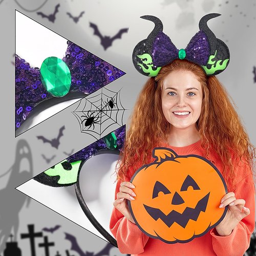 Halloween Headbands Mouse Ears Headband with Sequin Bow Devil Horn Glitter Hairbands for Women Girls, Halloween Holiday Headwear Hair Accessories Cosplay Costume Princess Party Decorations 1PCS