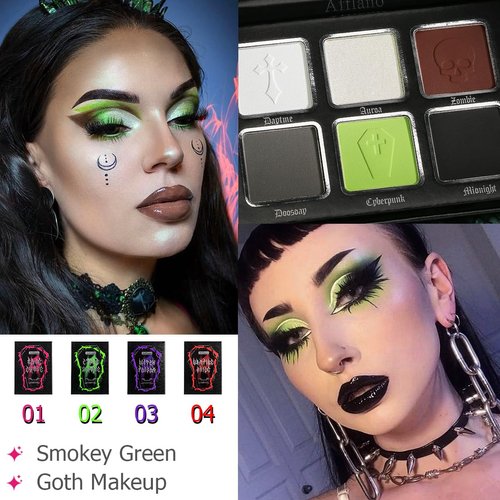 Afflano Smokey Green Eyeshadow Palette, Cyber Goth Smoky Eyes Makeup Eyeshadow Pallet With Mirror, Neon Green Brown Black White Grey Highly Pigmented Long Lasting, for Girls Women Green Eyes Makeup