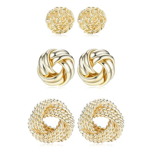 FIBO STEEL 3 Pairs Gold Knot Earrings For Women Men 14K Gold Plated Woven Ball Stud Earrings Simple Post earrings For Women Gold