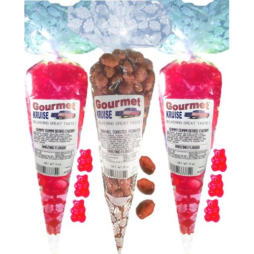 Red Gummy Bears (2) Wild Cherry (1) Caramel Toasted Peanuts (NET WT 30 OZ) Gourmet Kruise Signature Gift Bags Gummi Go Nuts