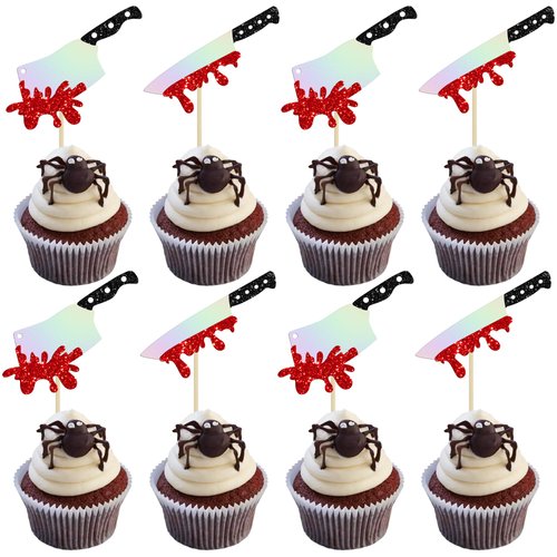 Gyufise 24Pcs Halloween Cupcake Toppers Glitter Horror Blood Knife Cupcake Picks Killer Birthday Cake Decorations for Halloween Blood Knife Theme Birthday Party Supplies