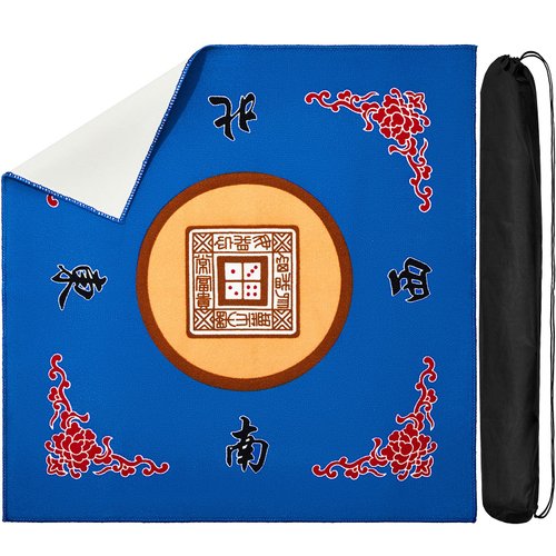 Juexica Mahjong Mat with Bag, Anti Slip Noise Reduction Table Cover Board Game Mat Mahjong Table Mat Mahjong Accessories Tablecloth Mahjong Paigow Poker Cards (Blue)