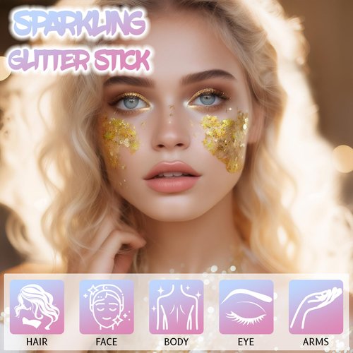 DAGEDA Body Glitter Stick, Mermaid Sequins Glitter Stick Face Body Sparkling Glitter, Chunky Holographic Hair Glitter, Durable Glitter Lips Nails Festival Rave Halloween Glitter Makeup, 03 Gold