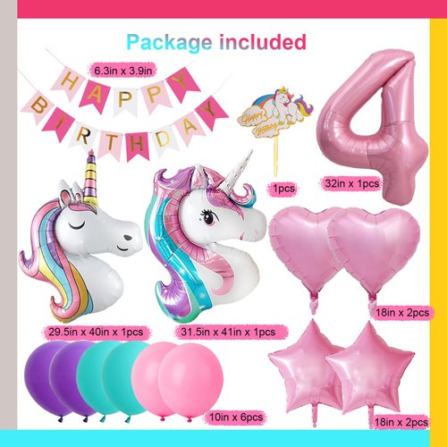 Yancan Unicorn 4th Birthday Decorations for Girls, 4 year old Girl Birthday Party Supplies with Happy Birthday Banner, Unicorn Foil Balloons, Heart and Star Balloons, Cake Topper