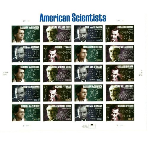American Scientists (Barbara McClintock, Josiah Willard Gibbs, John von Neumann, Richard Feynman), Full Sheet of 20 x 37-Cent Postage Stamps, USA 2005, Scott 3906-09