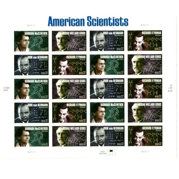 American Scientists (Barbara McClintock, Josiah Willard Gibbs, John von Neumann, Richard Feynman), Full Sheet of 20 x 37-Cent Postage Stamps, USA 2005, Scott 3906-09