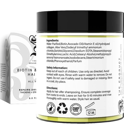 Biotin and Hydrolyzed Collagen Hair Mask for Dry & Damaged Hair with Aloe Vera, Avocado Oil, Vitamin E Oil Kelly & Brandon (8oz)